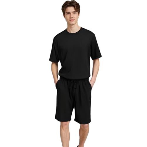 LANBAOSI Conjunto de pijama corto acanalado para hombre, camiseta de cuello redondo y pantalones cortos con bolsillos, ropa de dormir transpirable y cómoda, Negro, XL