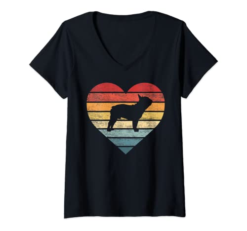 Mujer Frenchie Lover Owner Gifts Retro Sunset perro silueta mamá Camiseta Cuello V