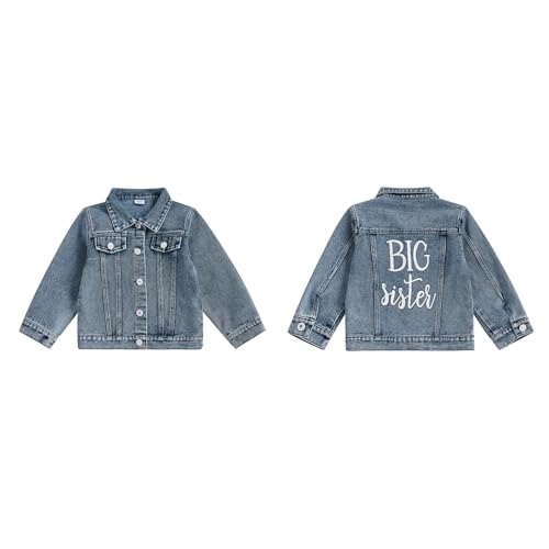KMBANGI Kids Toddler Baby Girl Jacket Big Sister Embroidered Jeans Tops Long Sleeve Button Up Cardigan Denim Coat Outwear