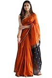 SGF11 Women&amp;#39;s Kanjivaram Soft Cotton Linen Silk Saree With Blouse Piece (Orange Black) Amazon Deal
