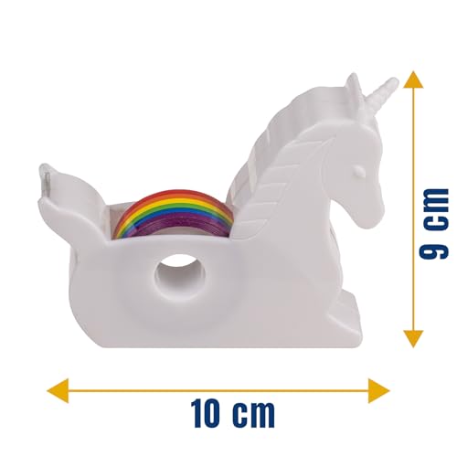 MIJOMA Einhorn Klebeband-Abroller – Zauberhafter Bürohelfer mit Regenbogen-Klebeband, Weißer Kunststoff, Ideal für Geschenkverpackung & Bastelarbeiten, 10x9x3cm