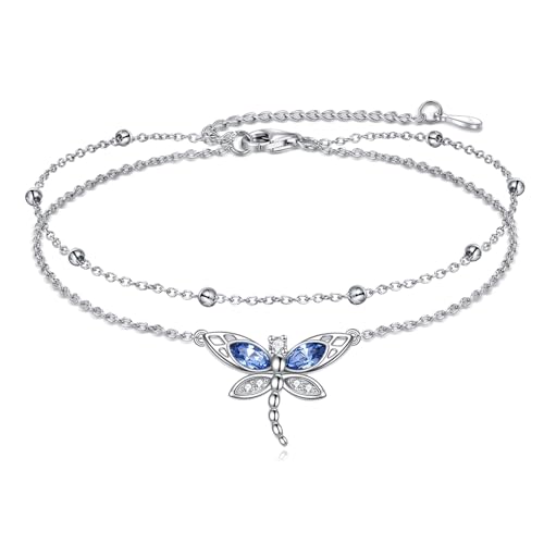 Image of TIGER RIDER Dragonfly Anklet Sterling Silver Dragonfly Gifts Jewelry for Women with Crystal Birthday Anniversary