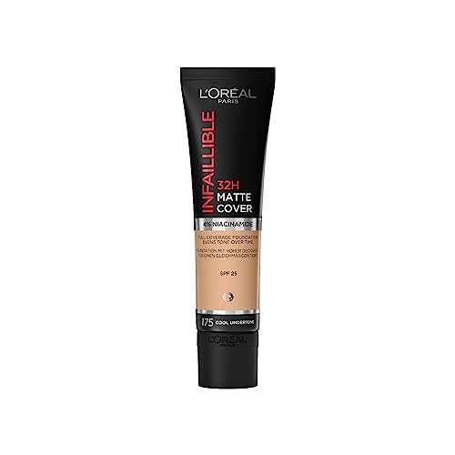 L'Oréal Paris Make up, Wasserfest und langanhaltend, Mattierende, flüssige Foundation mit hoher Deckkraft, Formel mit 4% Niacinamiden, Infaillible 32H Matte Cover, Nr. 175 Cool, 1 x 30 ml