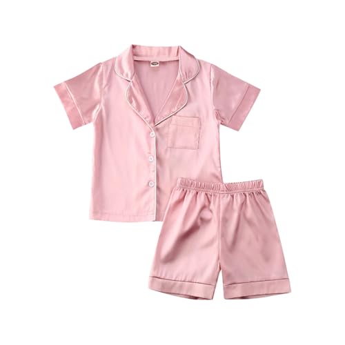 Toddler Baby Girl Boy Satin Pajamas Set 2Pcs Button Down Pjs Solid Color Short Sleeve Silk Top And Shorts Sleepwear