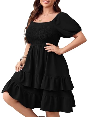 Womens Plus Size Summer Dresses Tiered Square Neck Short Sleeve Smocked A Line Ruffle Layered Swing Short Mini Dress
