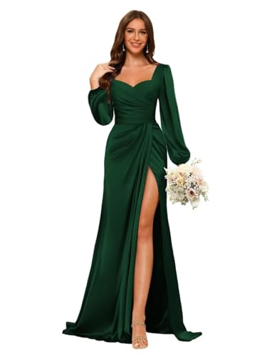 Dessiny V Neck Satin Bridesmaid Dresses for Women with Slit Lantern Sleeves Pleated Maxi Formal Evening Dress DE214