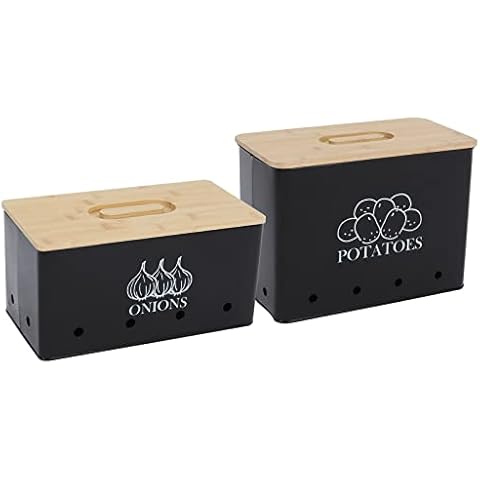 Xbopetda Potato Onion Storage Box, Food Container Sets, Storage Canisters for Vegeatables, Set of 2 Jars Pots Containers, Potato & Onion Bin with Aerating Tin Storage Holes & Bamboo Lid-Black Cover