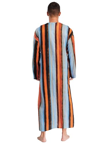Jhaoyu Muslim Clothing for Men Striped Long Gown Long Sleeves Button-up Nightshirt Abayas with Pockets2