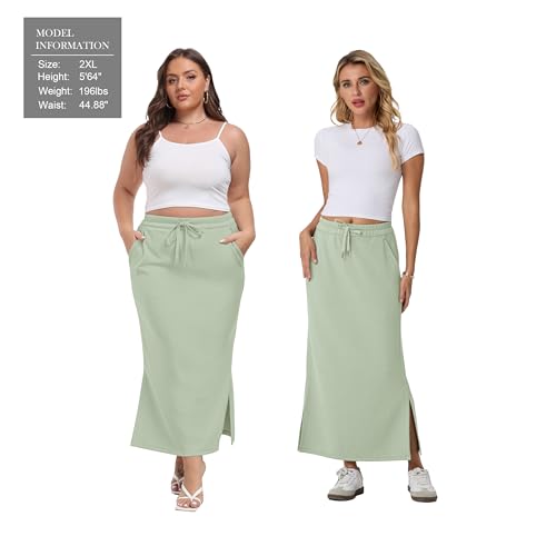 Image of Lepunuo Women's High Waisted Sweat Maxi Skirt with Pockets Slit | Ultra Soft Sweat Fabric, High Waist Drawstring, Deep Phone Pockets, Side Slit for Movement, Ideal for Lounge Travel