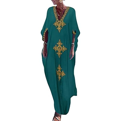 Bsubseach Gold Embroidery Long Kaftan Dresses V Neck Caftan Dress Beach Cover Ups for Women Embroidery W-peacock Green