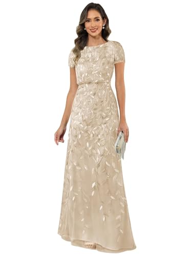 Djqpi Long Mother of The Bride Dresses with Short Sleeves Champagne Sparkly Evening Formal Dress for Wome Size 10