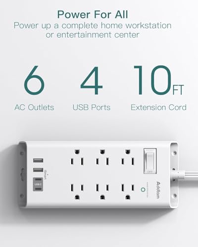 Power Strip Surge Protector - Addtam 10Ft Long Extension Cord with 6 Outlets and 4 USB Ports(2USB C), Flat Plug Overload Surge Protection Outlet Strip, Wall Mount for Home, Office  image 4