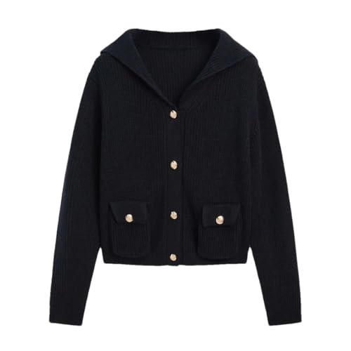 Women’S Sailor Collar Long Sleeve Single Breasted Button Detail Solid Knit Cardigan Casual Sweater
