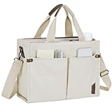 VASCHY Tote Bag Mujer Casual con Cremallera, Bolso Universidad Portátil de Lona Correa Desmontable Multibolsillos para Trabajo Viaje, Beige