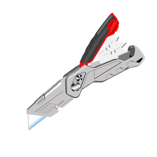 XIKAYA Klappbares Universalmesser | Cuttermesser Profi & Teppichmesser Profi | 5 Trapezklingen + Aufbewahrung | Falter aus Aluminiumlegierung für Maximale Lebensdauer | Für Kartons, Schachteln & mehr