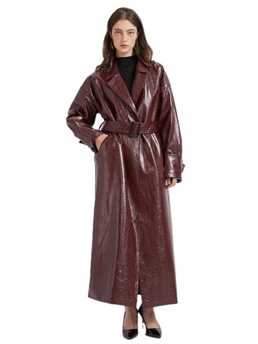 Women Spring Extra Long Leather Trench Coat For With Belt Elegant Designer Maxi Overcoat