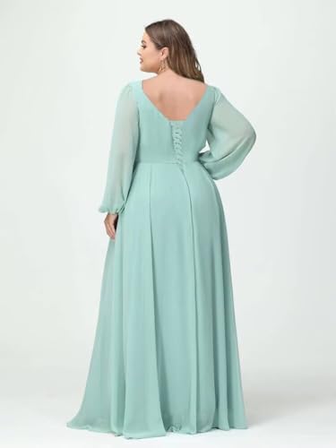 Women's Long Sleeve Bridesmaid Dresses with Slit Flowy Chiffon Cowl Neck Wedding Guest Dress A Line Maxi Dress PU2112