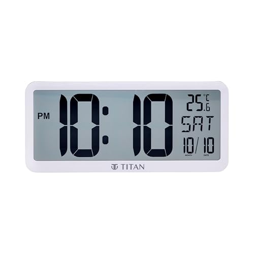 Image of Titan Large White Digital Wall & Table Clock | Big LCD Display | Day, Date & Room Temperature | Battery Operated | Modern Minimalist Design | 356x160mm | W0117PD02