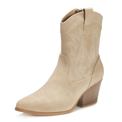 Western Cowgirl Cowboy Ankle Boots for Women or Ladies, Mid Calf, Vegan Leather Embroidered Upper, Low Heel, Fashionable Pointed-toe, Well Made