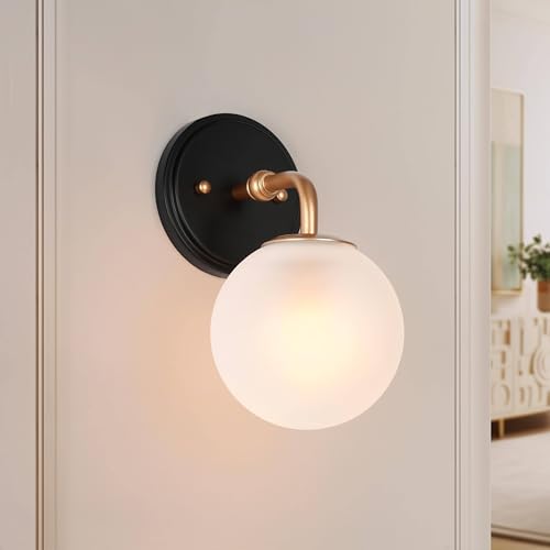 Image of KSANA Sconces Wall Lighting, 1-Light Black and Gold Indoor Wall Sconce Light with Frosted Glass Globe, Wall Sconces for Bedroom, Bathroom, Living Room, Kitchen