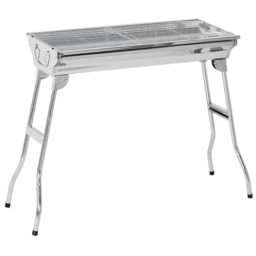 Outsunny Portable Charcoal Grill, Stainless Steel Folding Outdoor BBQ Grill for Backyard Cooking, Camping, Picnic, Party, Tailgating and Travel with Pan, Grill Rack, Shelves, Hooks