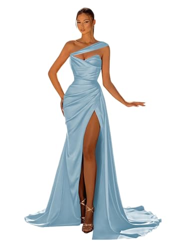 One Shoulder Satin Prom Dresses for Women Long Mermaid Ball Gown High Slit Corset Wedding Guest Formal Evening Dresse MR62