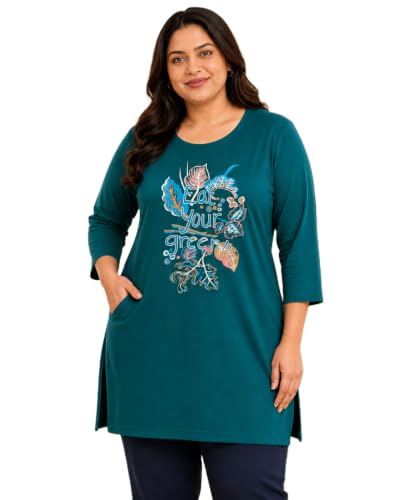 Image of RYSH Women's Plus Size Printed Nightshirt | Round Neck | 3 /4 Sleeve | Relaxed Fit Long Nightwear Top |