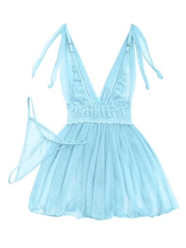 Image of Lilosy Sexy Polka Dots Mesh Sheer Lace Babydoll Chemise Lingerie Set Floral Sleep Wear