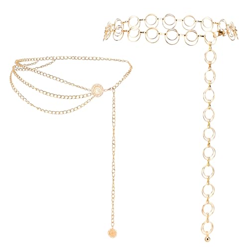 ZUIMEIHQH 2PCS Gold Chain Belt Chain Belts for Women Adjustable Hollow Out Fashion Waist Belt Chain for Dresses Jeans Daily Party Wear