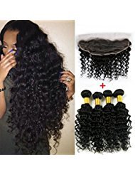 ALIMICE HAIR 4 pcs Virgin Indian Deep Curly Hair With Frontal Closure Indian Deep Wave With Frontal 13x4 Lace Frontal Closure With Bundles (16 & 18 & 20 & 22 & frontal 14)