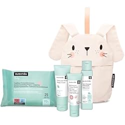 Maletin Mustela Bebe Suavinex, Neceser Bebé, Set Regalo Bebé Recién Nacido con: Crema del Pañal, 75 ml + Gel Champú Espumoso 100 ml + Crema Facial 50 ml + Toallitas Dermohidratantes 25 uds. Formato Viaje, Conejo, Rosa