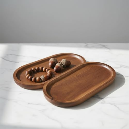 Image of Set of 2 pc Oval Wooden Serving Trays - Decorative Walnut Finish Food Platter L x W x H = 10 x 5 x 0.5 inch