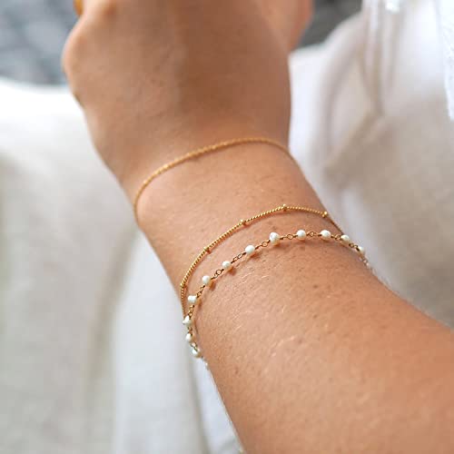 Image of Womens Dainty Gold Chain Bracelet,Simple Layered Chain Bracelets,Beaded Turquoise Bracelet,Charm Crystal Bar,Heart,Karma,Triangle,Pearl Bracelets for Women