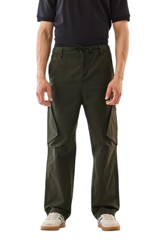 Image of SNITCH Men Cargo Pants | Relaxed Fit with Elastic Waistband & Drawstring | Durable Cotton Polyester Blend & Utility Pockets for Casual & Streetwear Styling