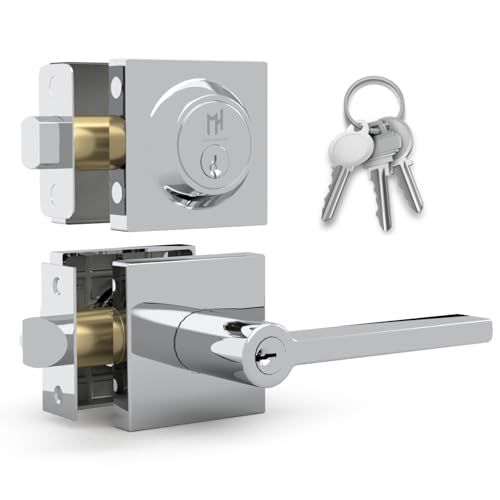 Image of Mega Handles Prime Entrance Combo, Entry Lever Door Handle and Single Cylinder Deadbolt Lock and Key Combo, Heavy Duty Square Locking Door Levers Set for Left or Right-Handed Doors - Polished Chrome
