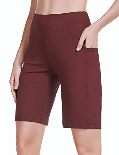 BALEAF Women s 10  Athletic Bermuda Long Shorts High Waisted Running Workout Stretchy Pocketed Shorts Wine Red L