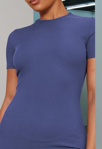 Image of Women's Crew Neck Short Sleeve Slim Fit Ribbed T Shirt Casual Midi Bodycon Dress