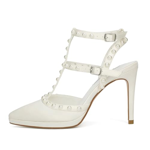Pearl Wedding Shoes for Bride High Heels Pointed Toe Bridal Shoes T Strap Wedding Heels3