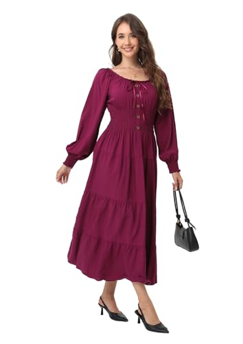 Image of OSTOO Women's 2026 Casual Long Sleeve Square Neck Smocked High Waist Flowy Maxi Dress,Boho Tiered Beach Party Dress