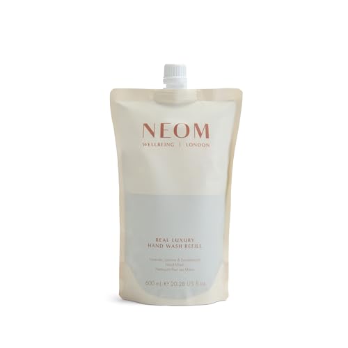 NEOM Real Luxury Hand Wash Refill 600ml I 24 essential oils including lavender jasmine and sandalwood I 100% recyclable 600ml refill pouch I Cleanse Soften and Replenish
