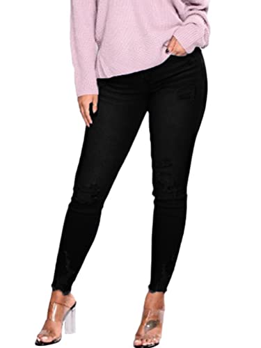 Onsoyours Ladies Skinny Stretch Jeans Destroyed with Holes Jeans High Waist Boyfriend Trousers Slim Fit Skinny Jeans Casual Basic Rips Holes Ankle Jeans Trousers D Negro XL