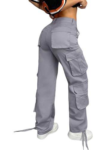 Women's Cargo Pants with Multiple Pockets, Gray Straight Loose Solid Color Casual Pants