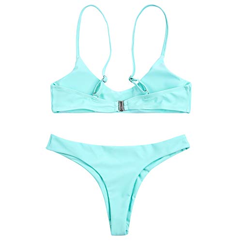 SherryDC Women's Solid Scoop Neck Push up Padded Brazilian Thong Bikini Swimsuit,Skyblue,(US 2-4)S