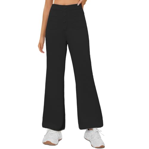 Girls Flare Pants Kids High Waisted Button Casual Yoga Bootcut Pants Bell Bottoms with Multiple Pockets