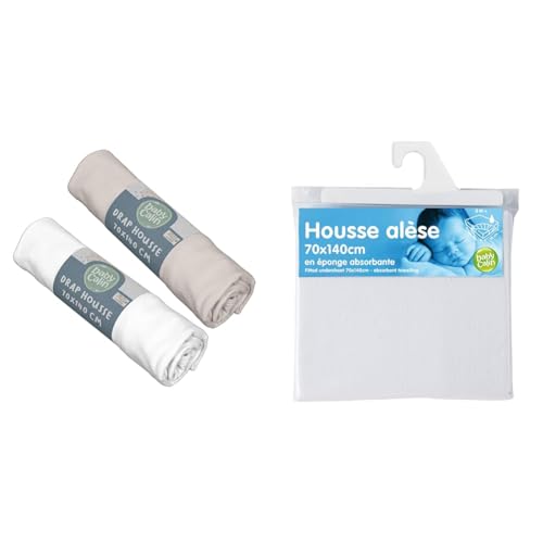 Drap housse 70x140 cm blanc taupe avec housse alèse éponge pour matelas lit bébé BabyCalin