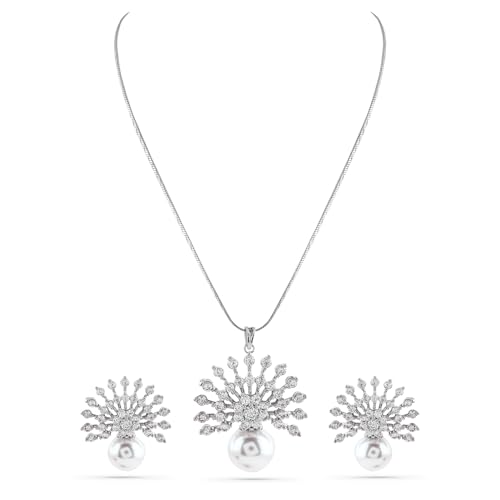 Image of Rubans Pendant Necklace Set American Diamond and Zirconia Gift Jewellery for Women & Girls