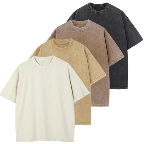 Image of Men's Oversized Cotton T-Shirts Loose Fit Vintage Washed Tee Unisex Short Sleeve Casual Shirts Tops