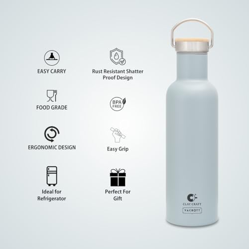 Image of Clay Craft Vacbott Hiker Combo Double Wall 18 Hours Hot & 24 Hours Cold Water Bottle Vacuum Insulated Flask Bottle 700ml, with Single Walled Victor Mug Set of 2 Steel Bottle|1Year Limited Warranty