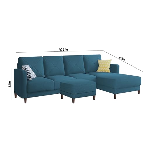 Image of Baloney RHS 6 Seater L Shape Sofa Set with Center Table for Living Room (Turquise Fabric) Premium Fabric Sofa