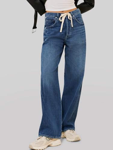 Cicy Bell Womens Wide Leg Jeans Drawstring High Waisted Baggy Straight Leg Jeans Trendy Boyfriends Denim Pants with Pockets2